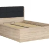 Lit adule 140x200 avec tête de lit capitonnée noir,sommier et rangement, coloris chêne Sonoma - L. 204,5 x P. 149 x H. 95/40,5 cm