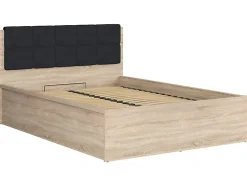 Lit adule 140x200 avec tête de lit capitonnée noir,sommier et rangement, coloris chêne Sonoma - L. 204,5 x P. 149 x H. 95/40,5 cm