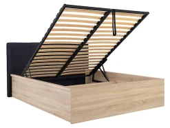 Lit adule 140x200 avec tête de lit capitonnée noir,sommier et rangement, coloris chêne Sonoma/noir