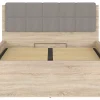 Lit adule 140x200 avec tête de lit capitonnée beige,sommier et rangement, coloris chêne Sonoma - L. 204,5 x P. 149 x H. 95/40,5 cm