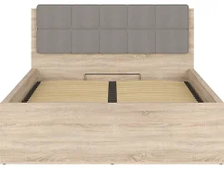 Lit adule 140x200 avec tête de lit capitonnée beige,sommier et rangement, coloris chêne Sonoma - L. 204,5 x P. 149 x H. 95/40,5 cm