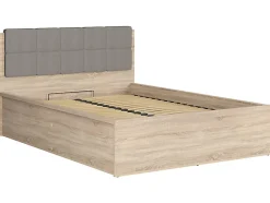 Lit adule 140x200 avec tête de lit capitonnée beige,sommier et rangement, coloris chêne Sonoma - L. 204,5 x P. 149 x H. 95/40,5 cm