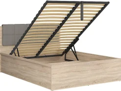Lit adule 140x200 avec tête de lit capitonnée beige,sommier et rangement, coloris chêne Sonoma - L. 204,5 x P. 149 x H. 95/40,5 cm