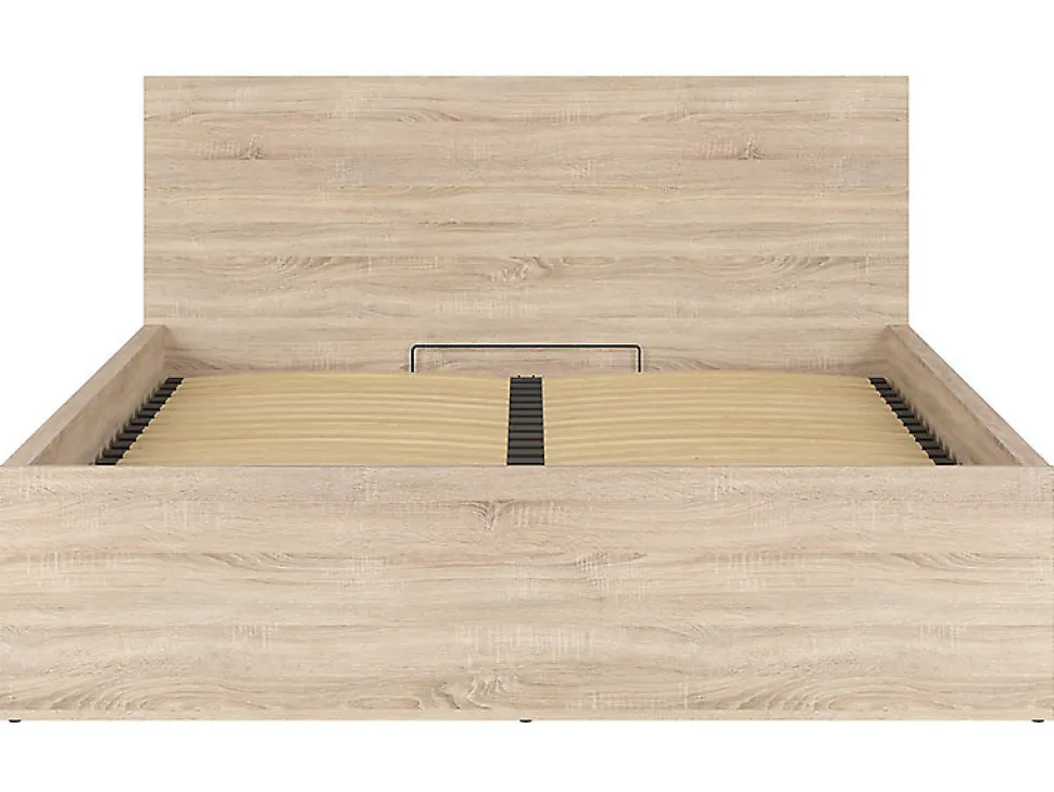 Lit adule 160x200 Lit coffre 2 place avec sommier et rangement, coloris chêne Sonoma - L. 204,5 x P. 169 x H. 95/40,5 cm