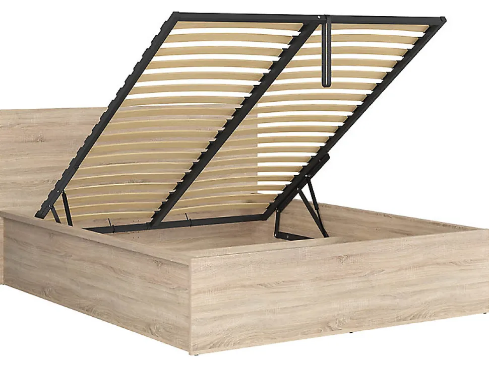Lit adule 160x200 Lit coffre 2 place avec sommier et rangement, coloris chêne Sonoma - L. 204,5 x P. 169 x H. 95/40,5 cm