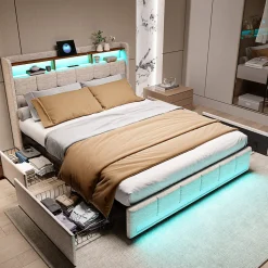 Lit adulte 180 x 200 cm avec 4 tiroirs de rangement, bande lumineuse LED, chargement USB, lit capitonné double, lit ado, lin beige