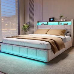 Lit adulte 180 x 200 cm avec 4 tiroirs de rangement, bande lumineuse LED, chargement USB, lit capitonné double, lit ado, lin beige