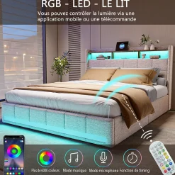 Lit adulte 180 x 200 cm avec 4 tiroirs de rangement, bande lumineuse LED, chargement USB, lit capitonné double, lit ado, lin beige