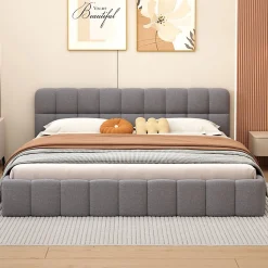 Lit adulte 160 x 200,lit au sol, lit bas,avec tête de lit et dossier souple,sommier à lattes,scandinave moderne,lin,gris