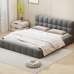 Lit adulte 160 x 200,lit au sol, lit bas,avec tête de lit et dossier souple,sommier à lattes,scandinave moderne,lin,gris