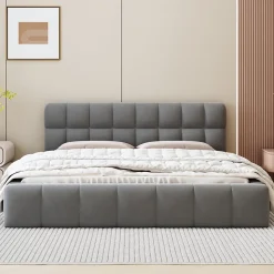 Lit adulte 160 x 200,lit au sol, lit bas,avec tête de lit et dossier souple,sommier à lattes,scandinave moderne,lin,gris