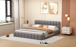 Lit adulte 160 x 200,lit au sol, lit bas,avec tête de lit et dossier souple,sommier à lattes,scandinave moderne,lin,gris