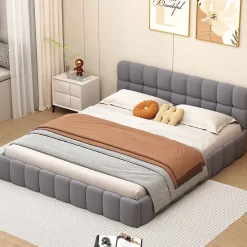 Lit adulte 160 x 200,lit au sol, lit bas,avec tête de lit et dossier souple,sommier à lattes,scandinave moderne,lin,gris