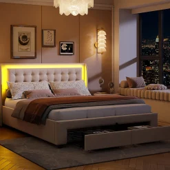 Lit Adulte Avec Sommier à Lattes 140x190 Cm,avec LED Et Rangement,avec Tête De Lit En Velours,beige