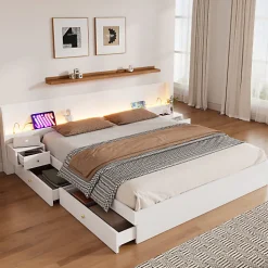 Lit adulte de rangement 180x200cm en bois - avec prises USB et LED - 2 tables de chevet & 2 tiroirs - Blanc