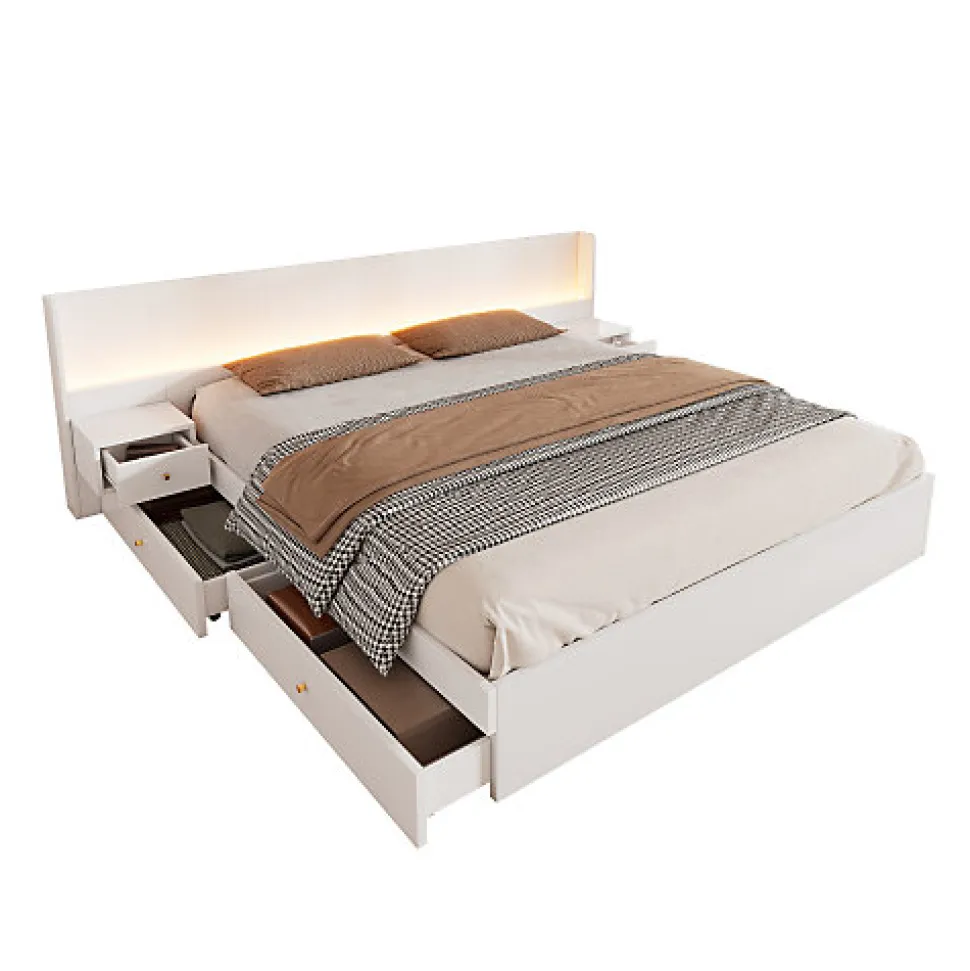 Lit adulte de rangement 180x200cm en bois - avec prises USB et LED - 2 tables de chevet & 2 tiroirs - Blanc