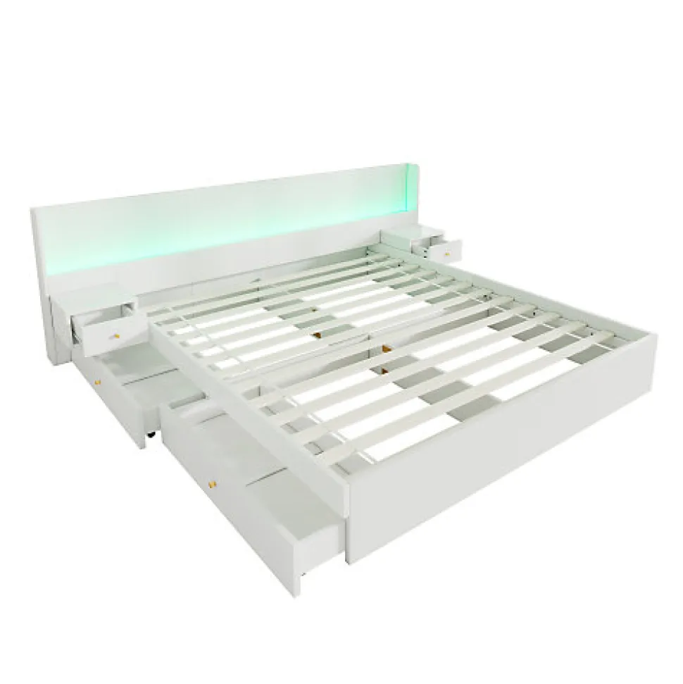 Lit adulte de rangement 180x200cm en bois - avec prises USB et LED - 2 tables de chevet & 2 tiroirs - Blanc