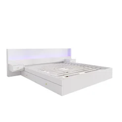 Lit adulte de rangement 180x200cm en bois - avec prises USB et LED - 2 tables de chevet & 2 tiroirs - Blanc