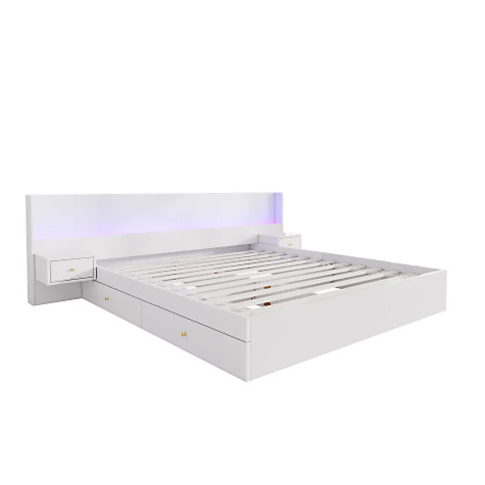 Lit adulte de rangement 180x200cm en bois - avec prises USB et LED - 2 tables de chevet & 2 tiroirs - Blanc