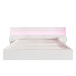 Lit adulte de rangement 180x200cm en bois - avec prises USB et LED - 2 tables de chevet & 2 tiroirs - Blanc