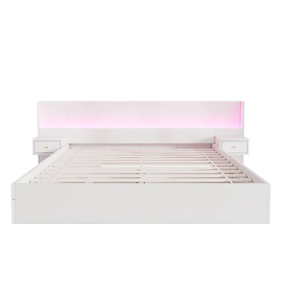 Lit adulte de rangement 180x200cm en bois - avec prises USB et LED - 2 tables de chevet & 2 tiroirs - Blanc