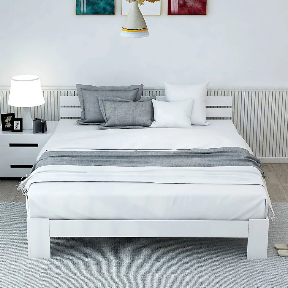 Lit Adulte Double Bois Massif 140x200cm Tête Lit Blanc Blackcolors