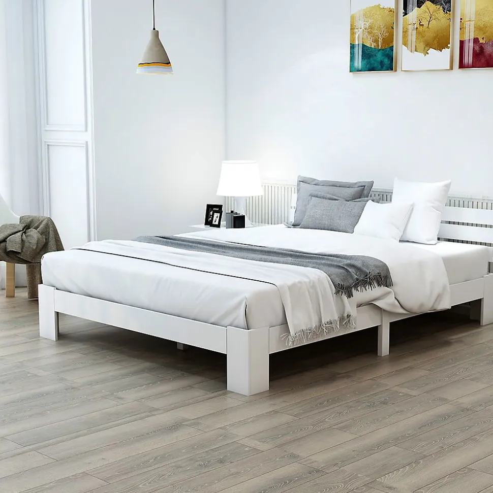 Lit Adulte Double Bois Massif 140x200cm Tête Lit Blanc Blackcolors