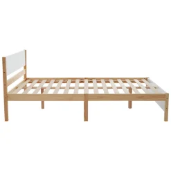 Lit adulte double en bois - cadre en pin avec tête de lit et sommier à lattes lit en MDF blanc + naturel - 140x200 cm