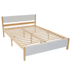 Lit adulte double en bois - cadre en pin avec tête de lit et sommier à lattes lit en MDF blanc + naturel - 140x200 cm