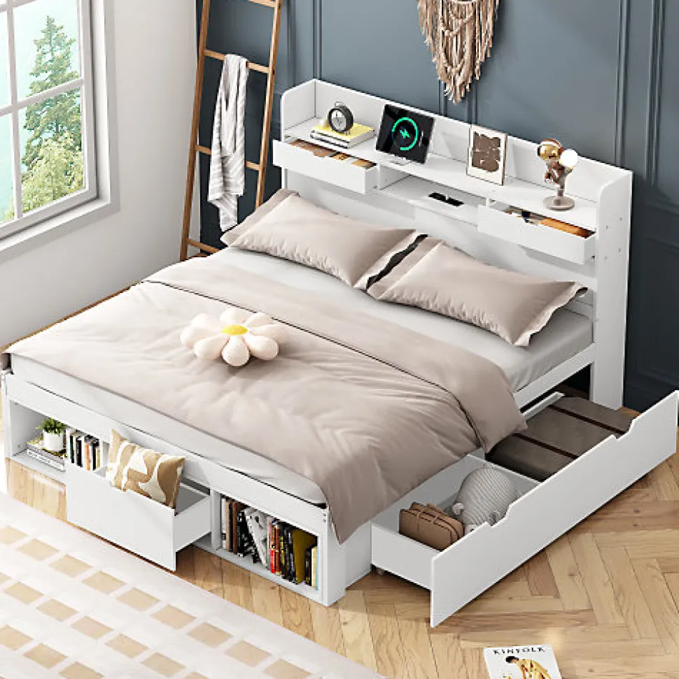 Lit adulte en MDF 180x200 cm - Avec port de recharge et rangements multifonctionnels - Blanc (matelas non inclus)