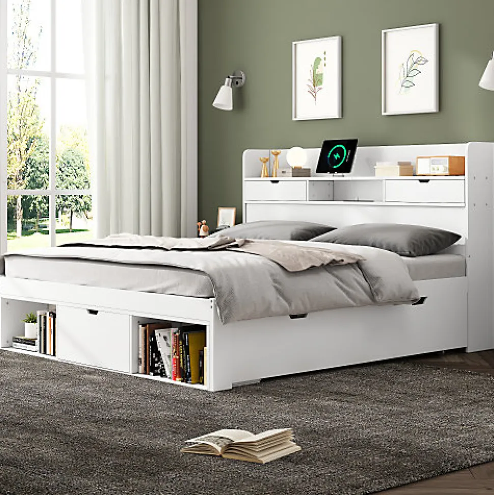 Lit adulte en MDF 180x200 cm - Avec port de recharge et rangements multifonctionnels - Blanc (matelas non inclus)