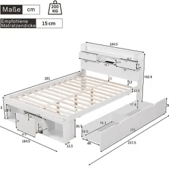 Lit adulte en MDF 180x200 cm - Avec port de recharge et rangements multifonctionnels - Blanc (matelas non inclus)