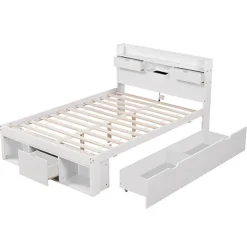 Lit adulte en MDF 180x200 cm - Avec port de recharge et rangements multifonctionnels - Blanc (matelas non inclus)
