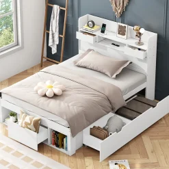 Lit adulte en MDF 90x200 cm - Avec port de recharge et rangements multifonctionnels - Blanc (matelas non inclus)