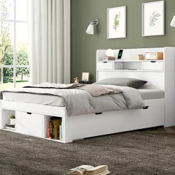 Lit adulte en MDF 90x200 cm - Avec port de recharge et rangements multifonctionnels - Blanc (matelas non inclus)