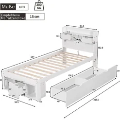 Lit adulte en MDF 90x200 cm - Avec port de recharge et rangements multifonctionnels - Blanc (matelas non inclus)