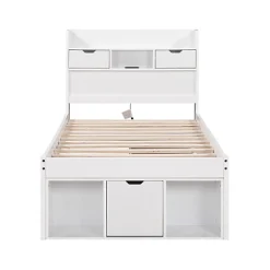 Lit adulte en MDF 90x200 cm - Avec port de recharge et rangements multifonctionnels - Blanc (matelas non inclus)