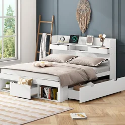 Lit adulte en MDF 140x200 cm - Avec port de recharge et rangements multifonctionnels - Blanc (matelas non inclus)