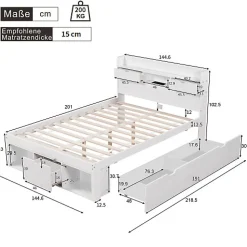Lit adulte en MDF 140x200 cm - Avec port de recharge et rangements multifonctionnels - Blanc (matelas non inclus)