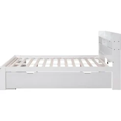 Lit adulte en MDF 140x200 cm - Avec port de recharge et rangements multifonctionnels - Blanc (matelas non inclus)