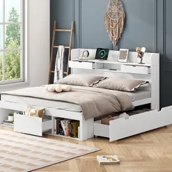 Lit adulte en MDF 135x190 cm - Avec port de recharge et rangements multifonctionnels - Blanc (matelas non inclus)