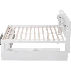 Lit adulte en MDF 135x190 cm - Avec port de recharge et rangements multifonctionnels - Blanc (matelas non inclus)