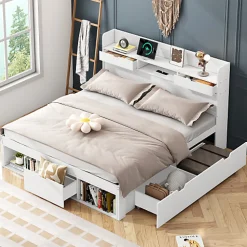 Lit adulte en MDF 140x190 cm - Avec port de recharge et rangements multifonctionnels - Blanc (matelas non inclus)