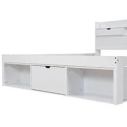 Lit adulte en MDF 140x190 cm - Avec port de recharge et rangements multifonctionnels - Blanc (matelas non inclus)