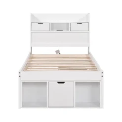 Lit adulte en MDF 90x190 cm - Avec port de recharge et rangements multifonctionnels - Blanc (matelas non inclus)