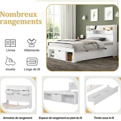 Lit adulte en MDF 90x190 cm - Avec port de recharge et rangements multifonctionnels - Blanc (matelas non inclus)