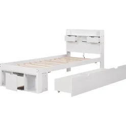 Lit adulte en MDF 90x190 cm - Avec port de recharge et rangements multifonctionnels - Blanc (matelas non inclus)