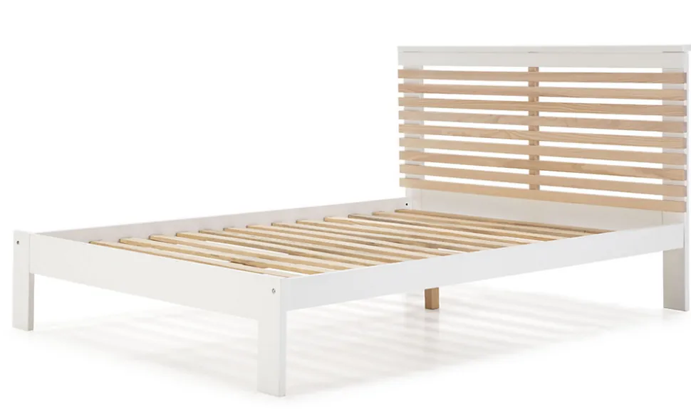 Lit adulte en pin et MDF coloris blanc, naturel - Longueur 197,7 x Profondeur 153,2 x Hauteur 100 cm