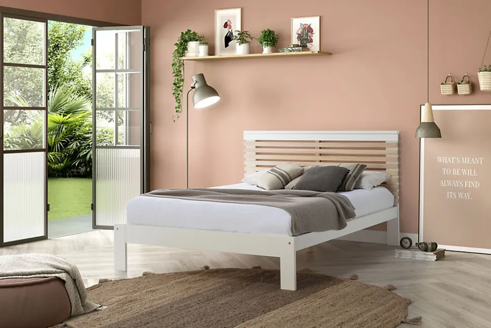 Lit adulte en pin et MDF coloris blanc, naturel - Longueur 197,7 x Profondeur 153,2 x Hauteur 100 cm