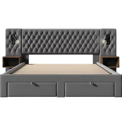 Lit adulte en velours 160x200 cm - avec 2 chevets et 4 tiroirs - 2 liseuses avec prise USB - Gris (matelas non inclus)